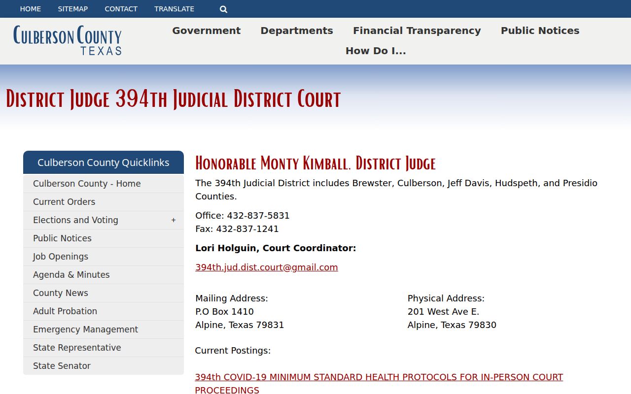 Culberson County arrest warrants, 394th District Court information