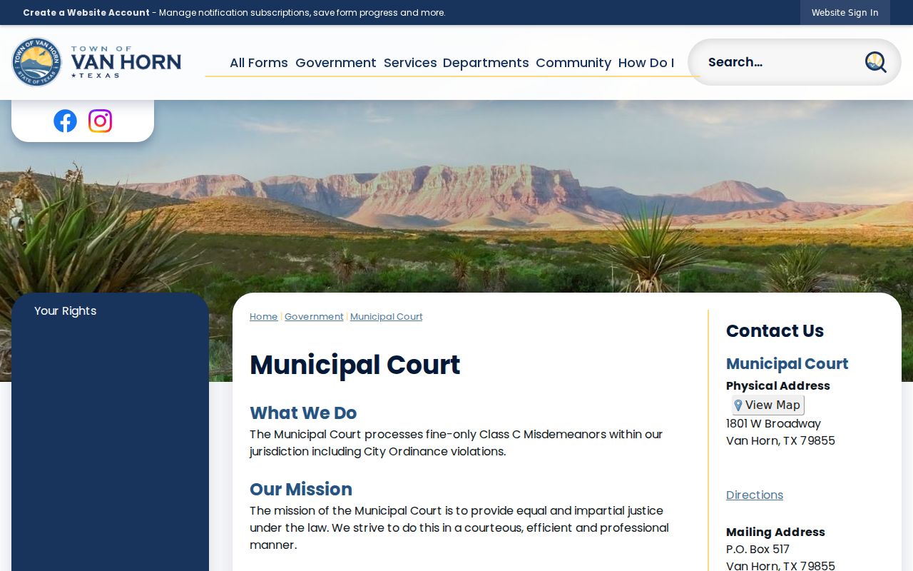 Van Horn warrant records, municipal court scope, pleas, and contact