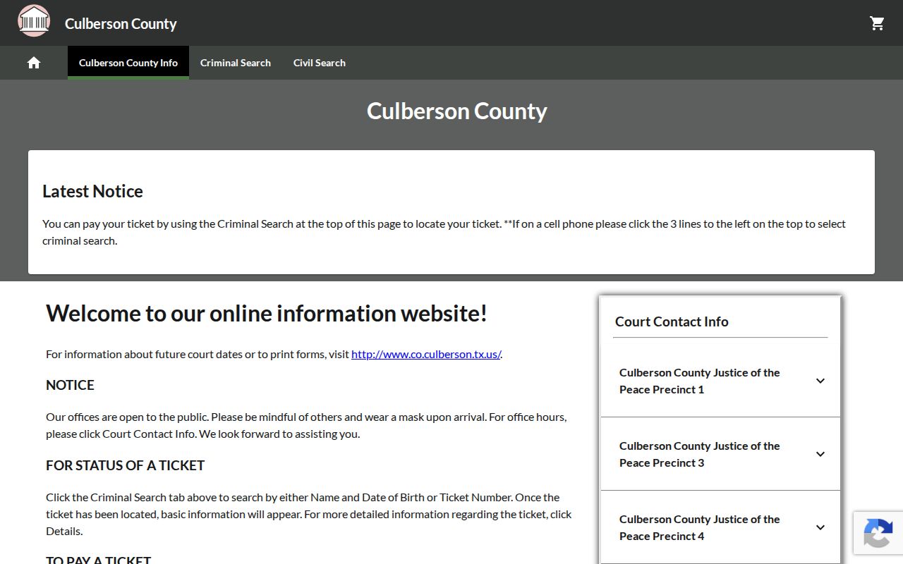 Culberson County warrant search, public GovRec Criminal Search interface