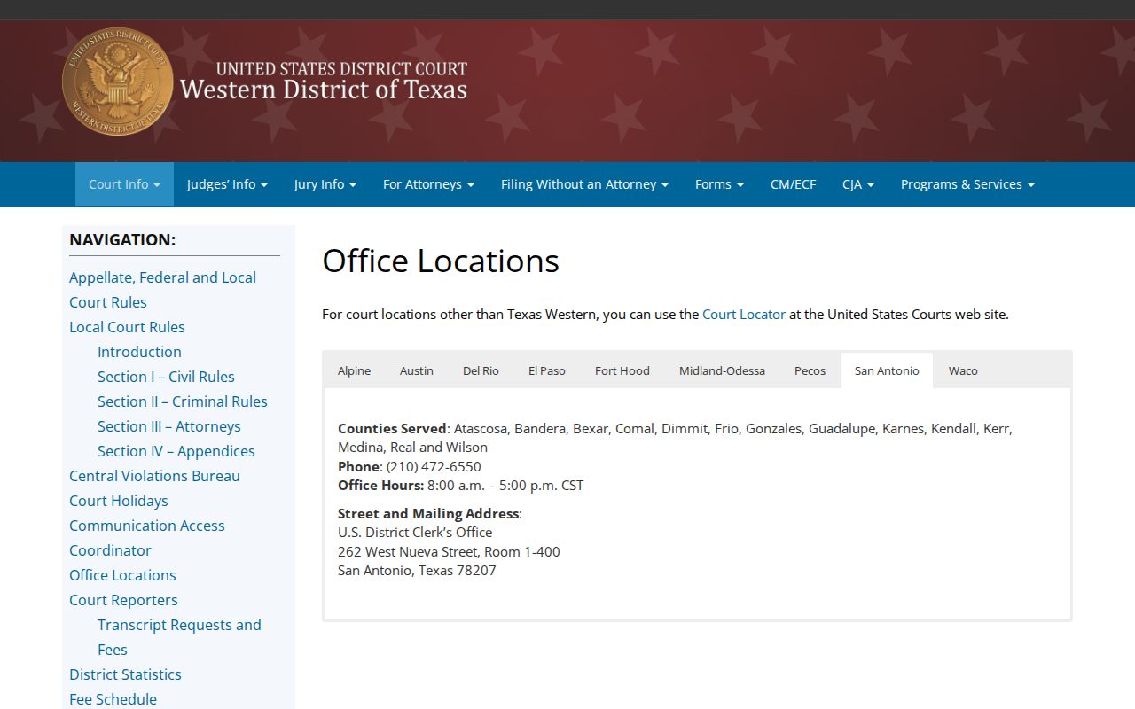 Culberson County arrest warrants, Western District federal clerk office locations